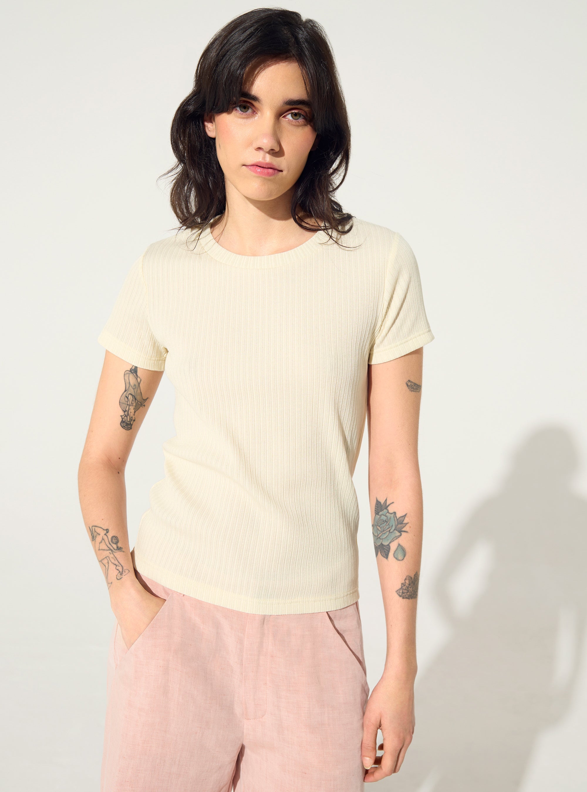 Fitted pleated white cotton T-shirt