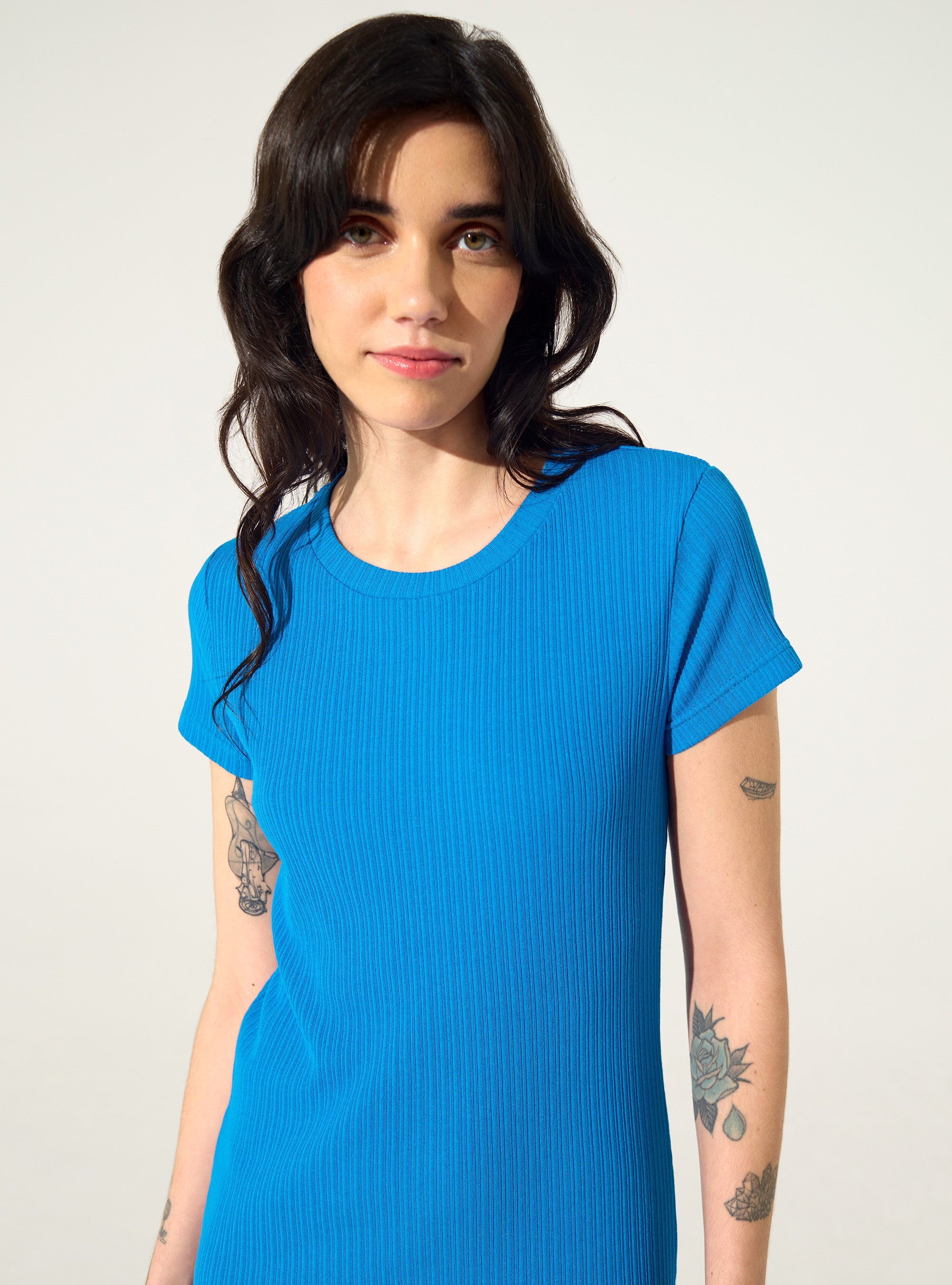 Blue cotton pleated fitted dress