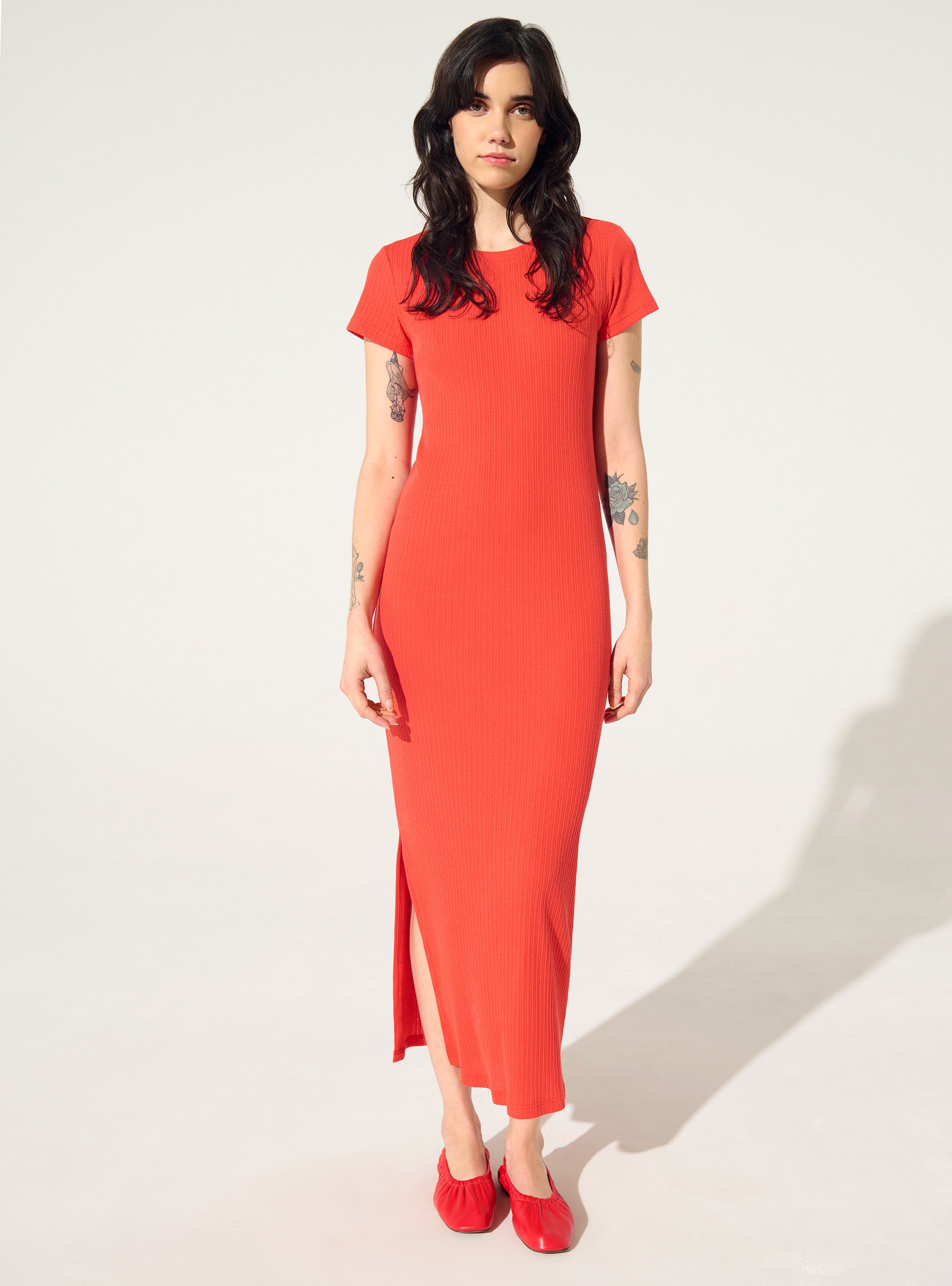 Robe ajustée plissée en coton rouge