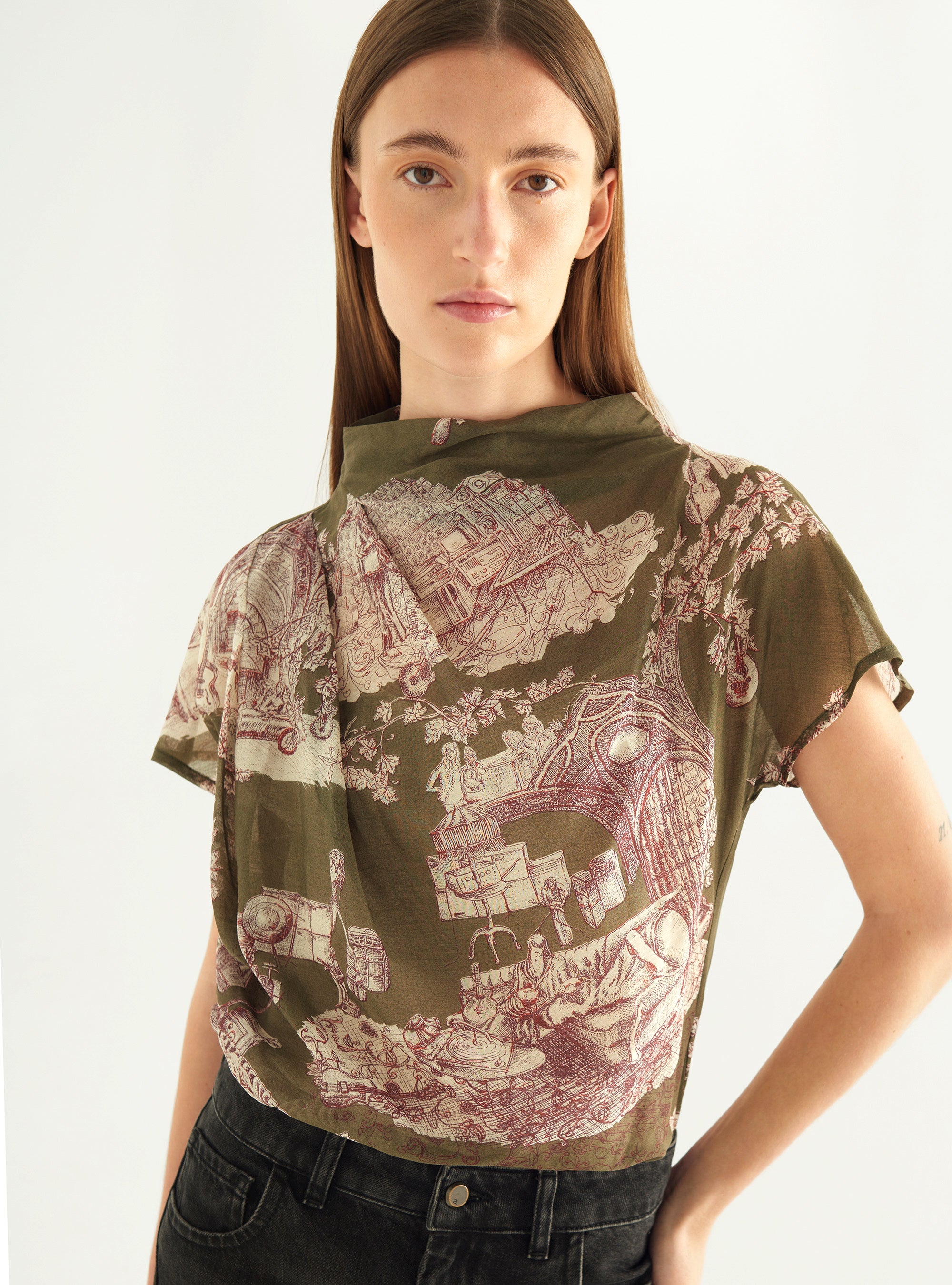 Blouse drapée en voile coton/soie