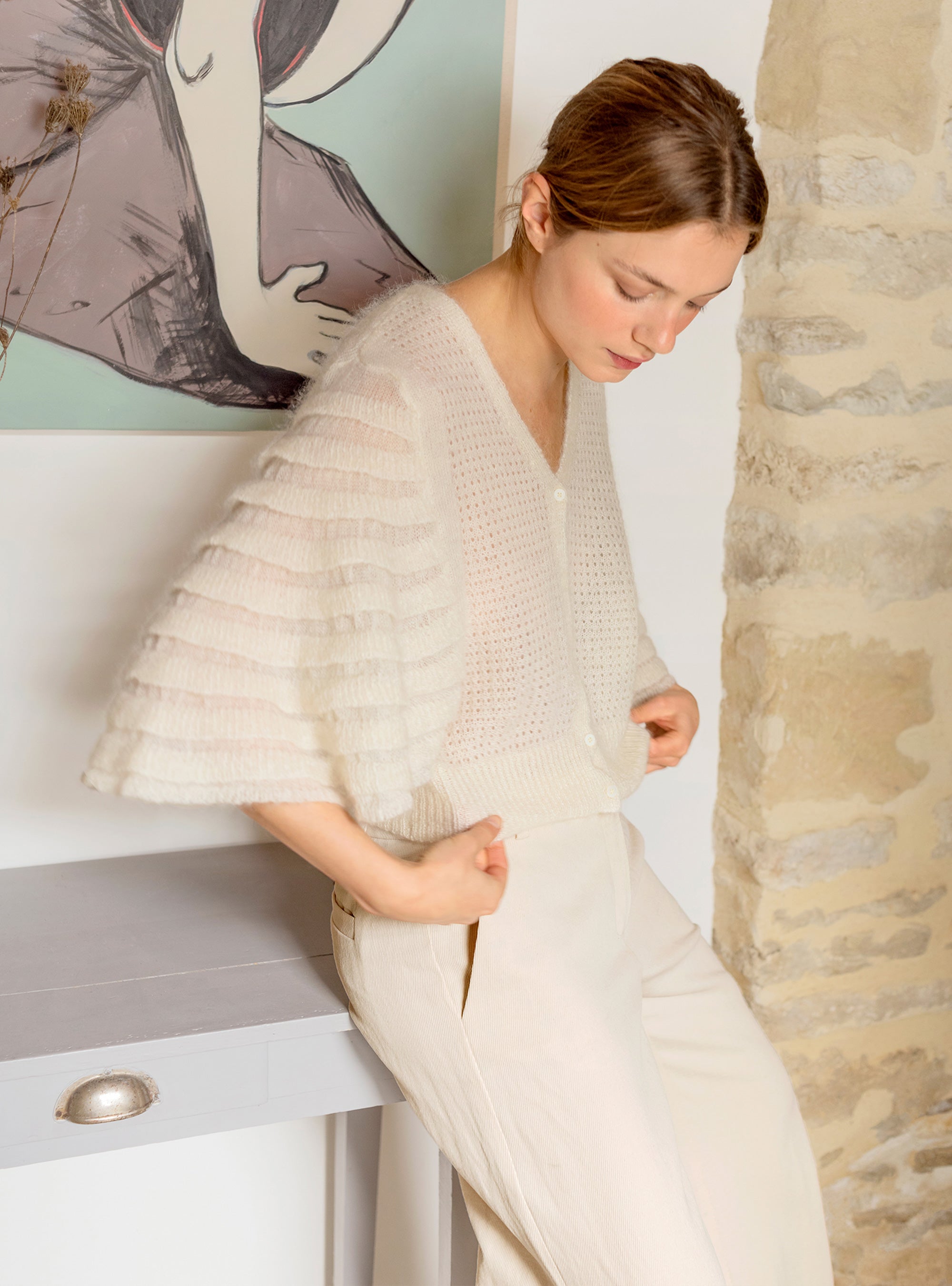 Cardigan en mohair et laine écru Cotélac