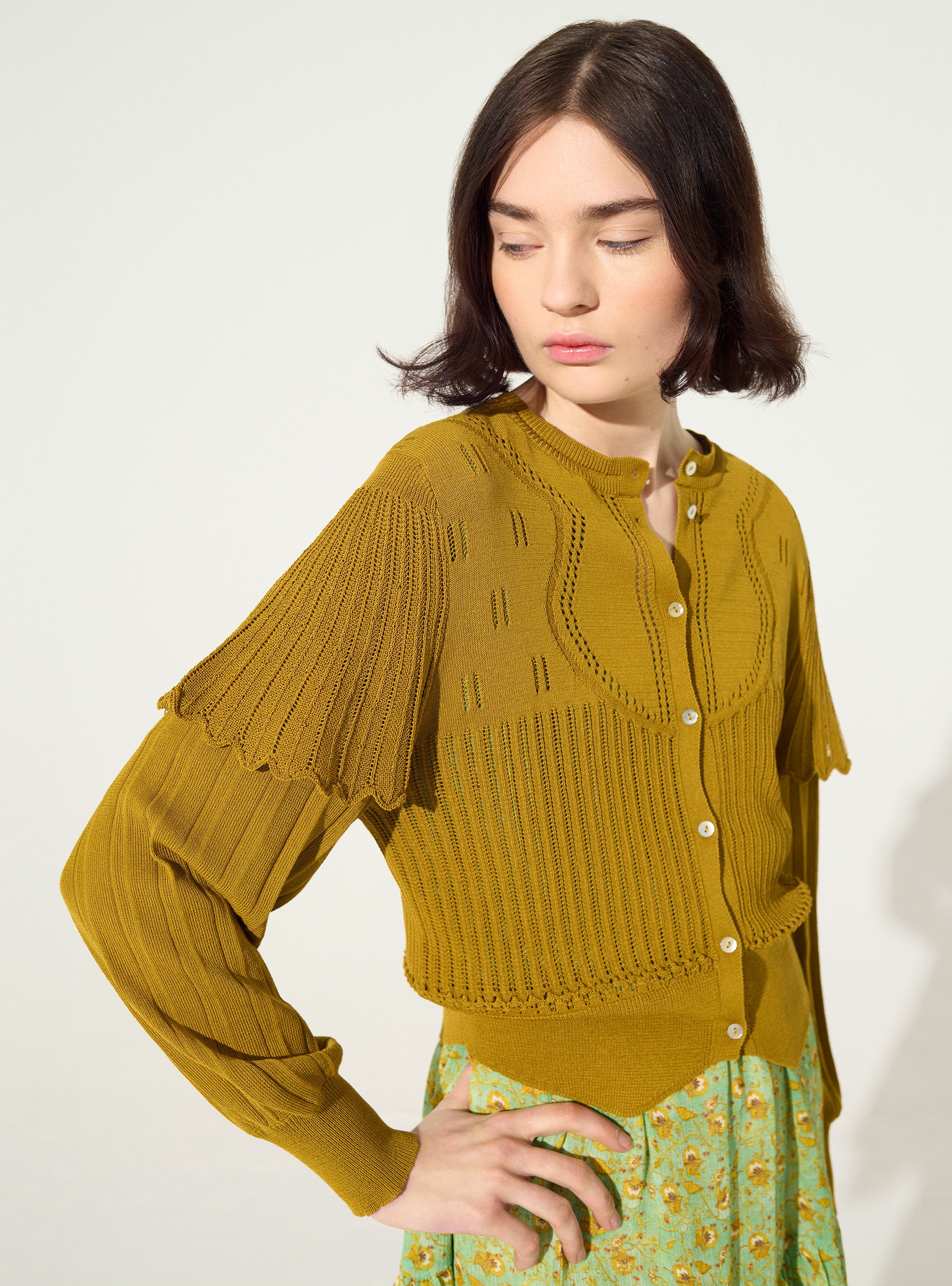 Ochre yellow pleated cardigan