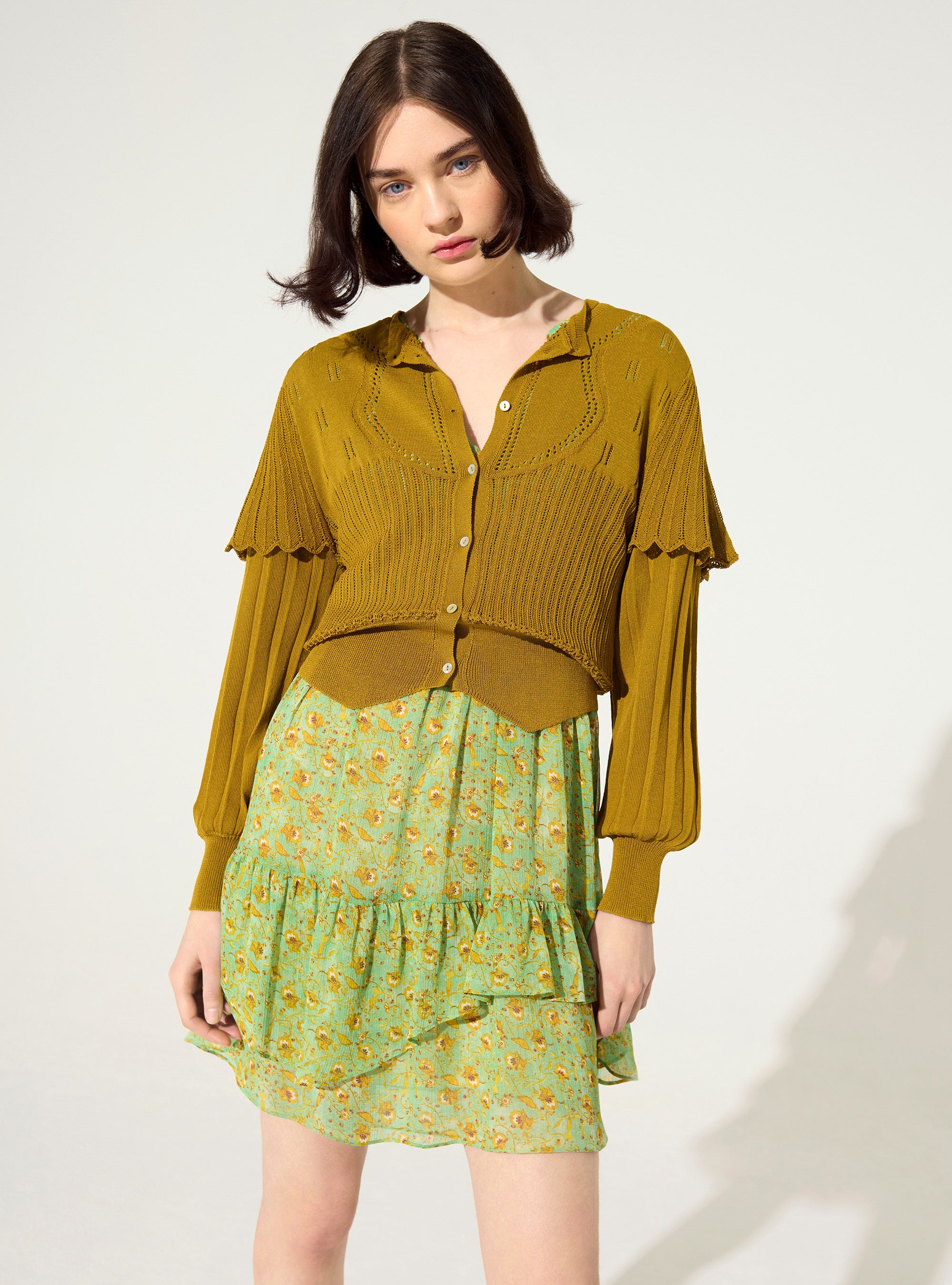 Ochre yellow pleated cardigan
