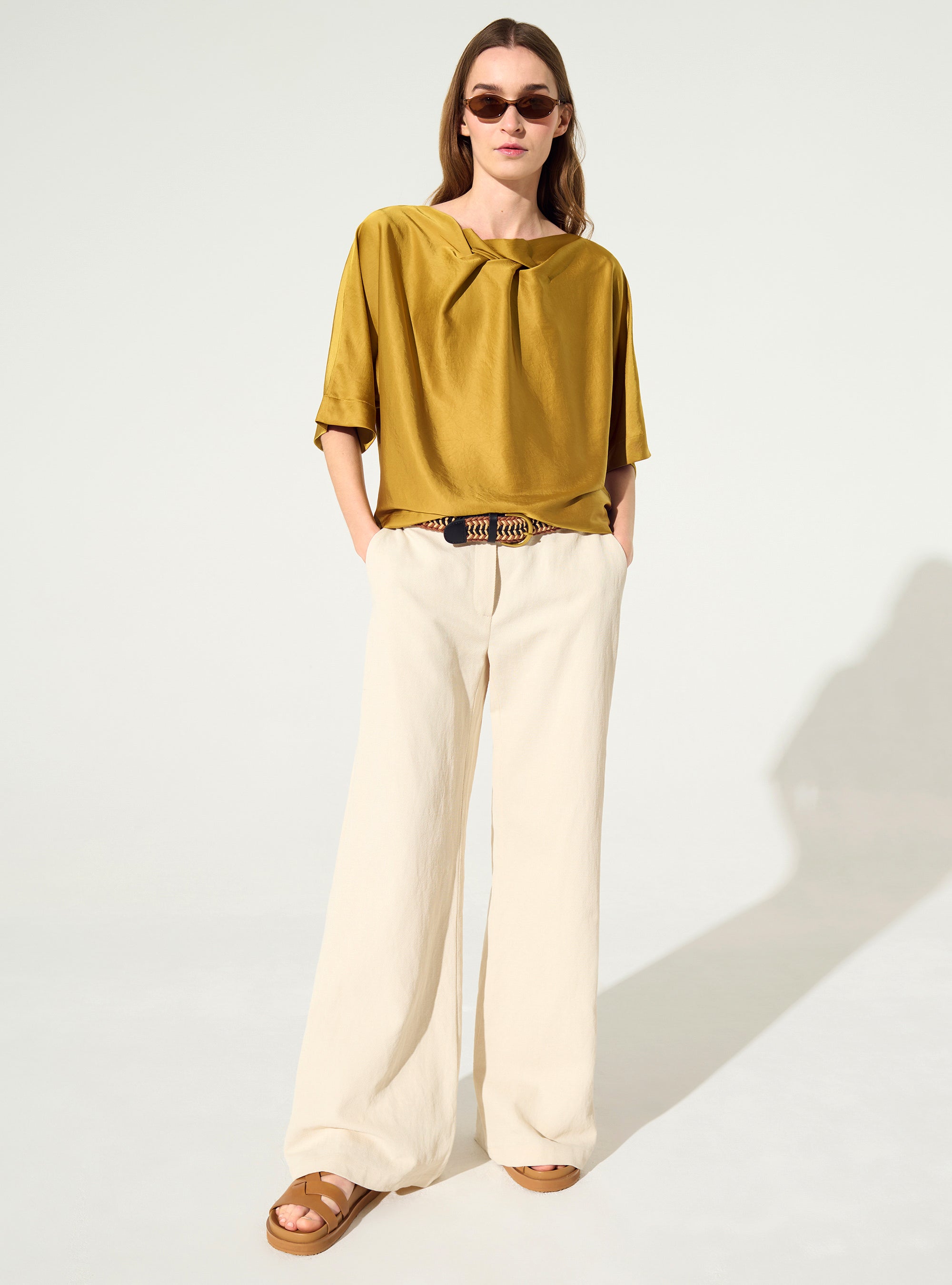 loose yellow satin blouse