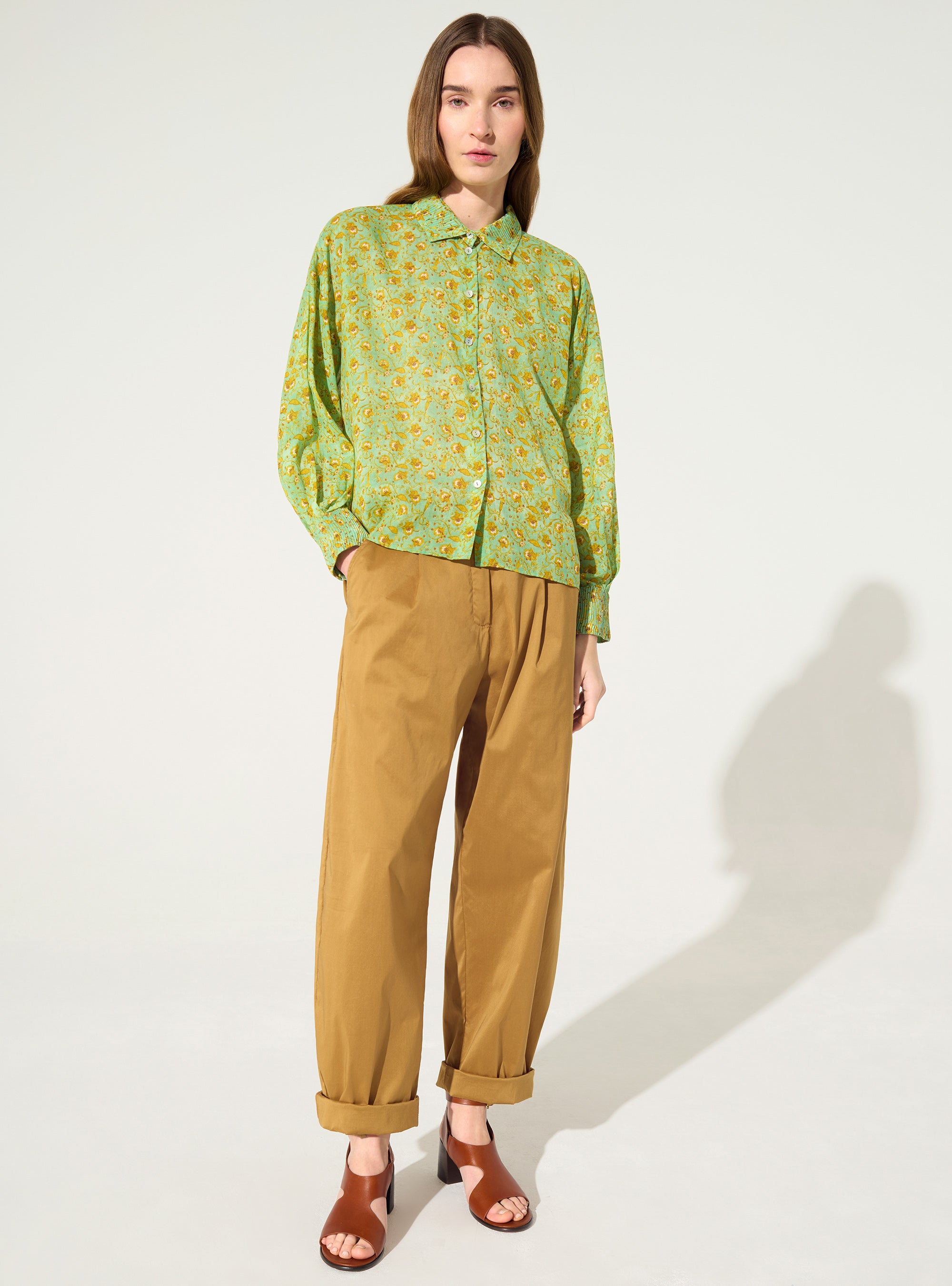 Green printed, pleated, oversized cotton shirt