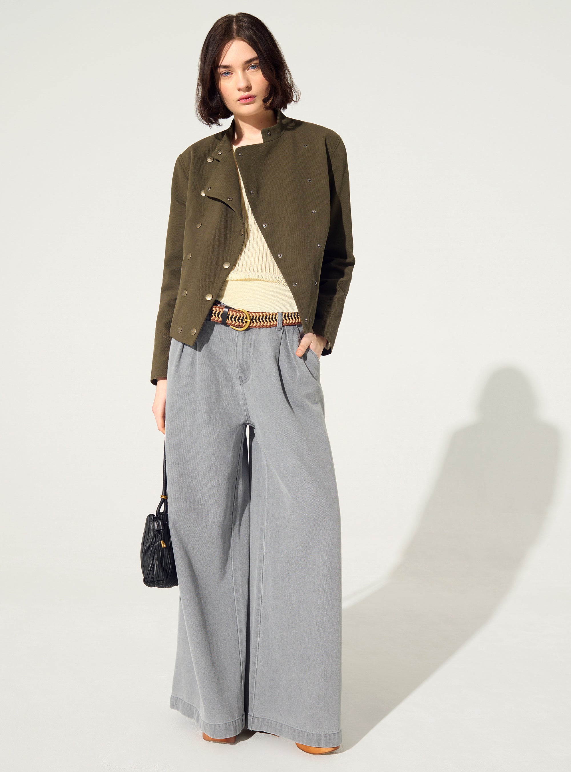 Fitted officer-style jacket in green cotton and linen