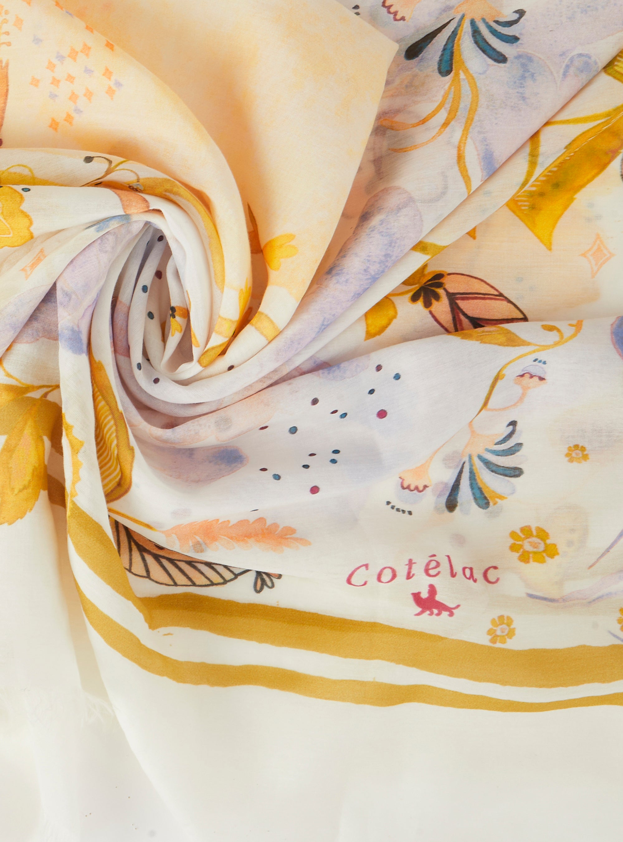 Printed scarf in white cotton and silk