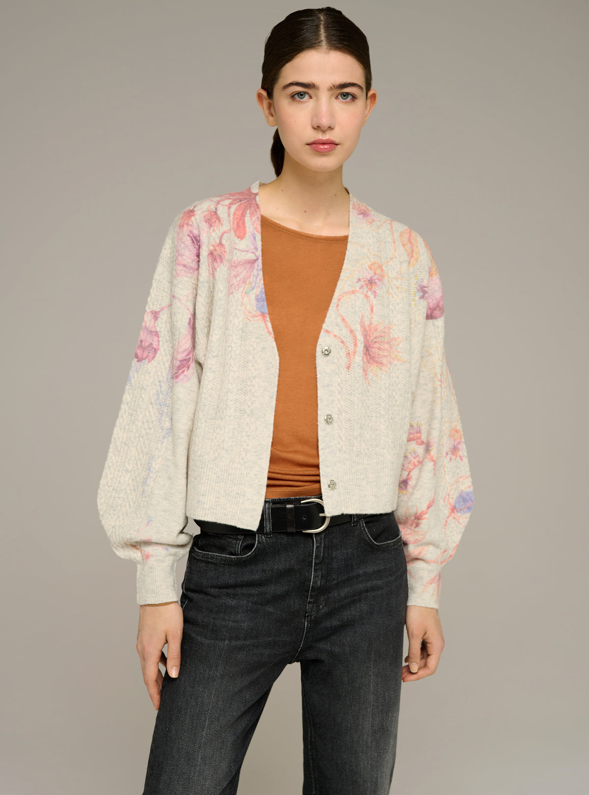Bedruckter Cardigan mit V-Ausschnitt und langen Ärmeln