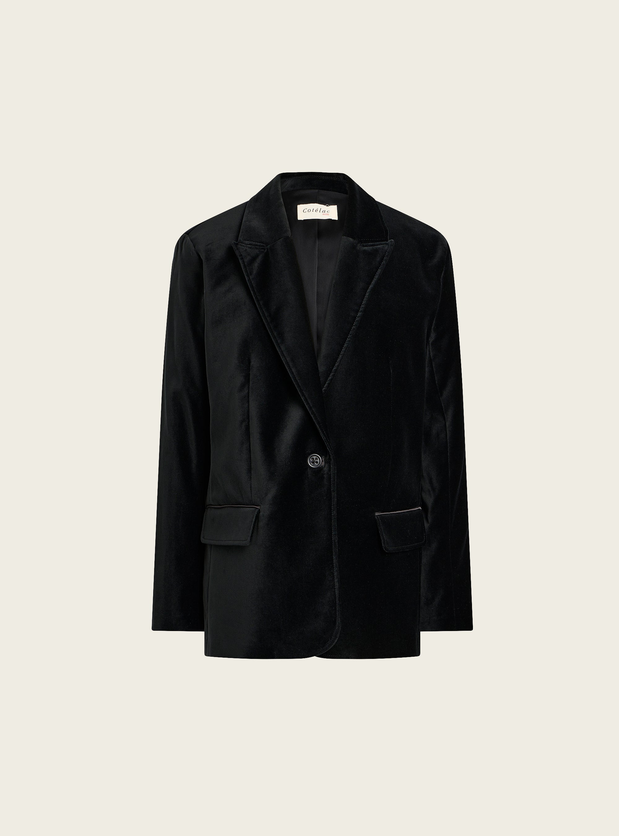Blazer droit en velours ras acoté 