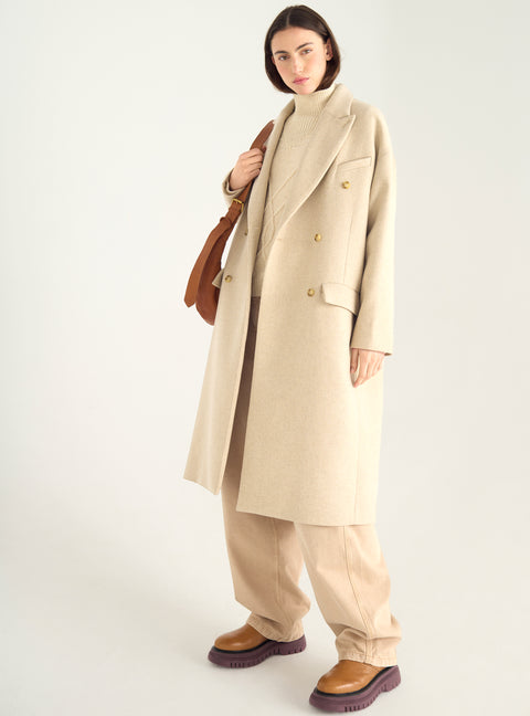 Manteau long croisé en drap de laine recyclée