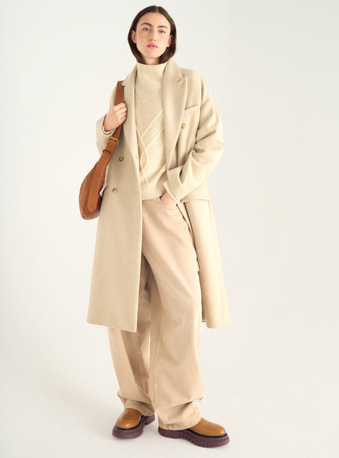 Manteau long croisé en drap de laine recyclée