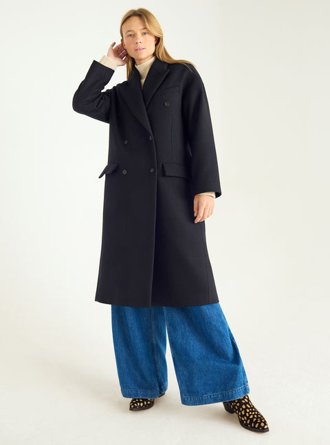 Manteau long croisé en drap de laine recyclée