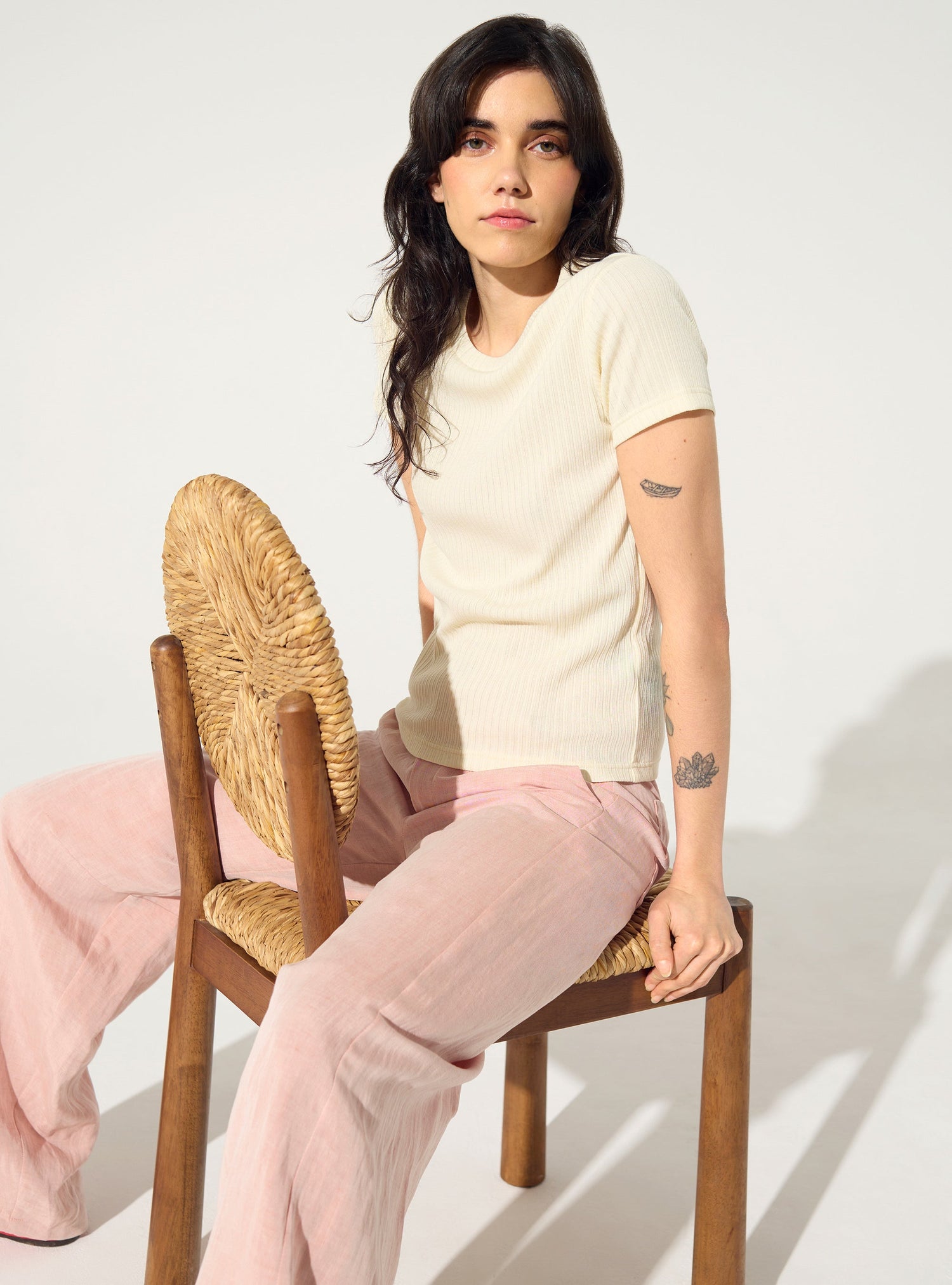 Fitted pleated white cotton T-shirt