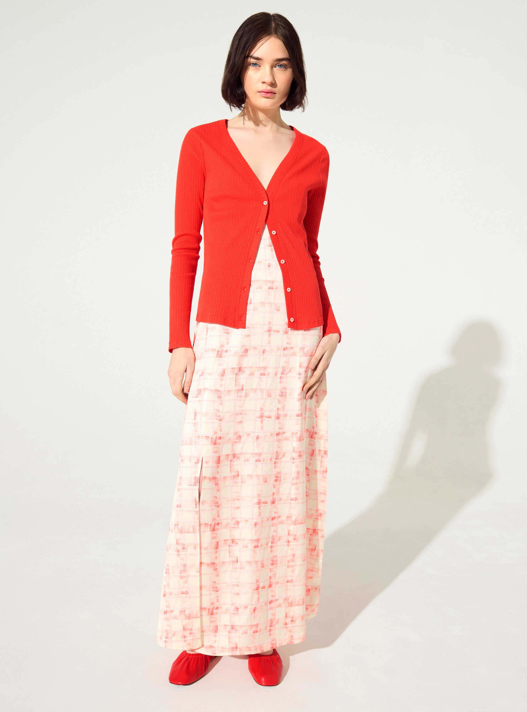 Cardigan ajusté plissé en coton rouge