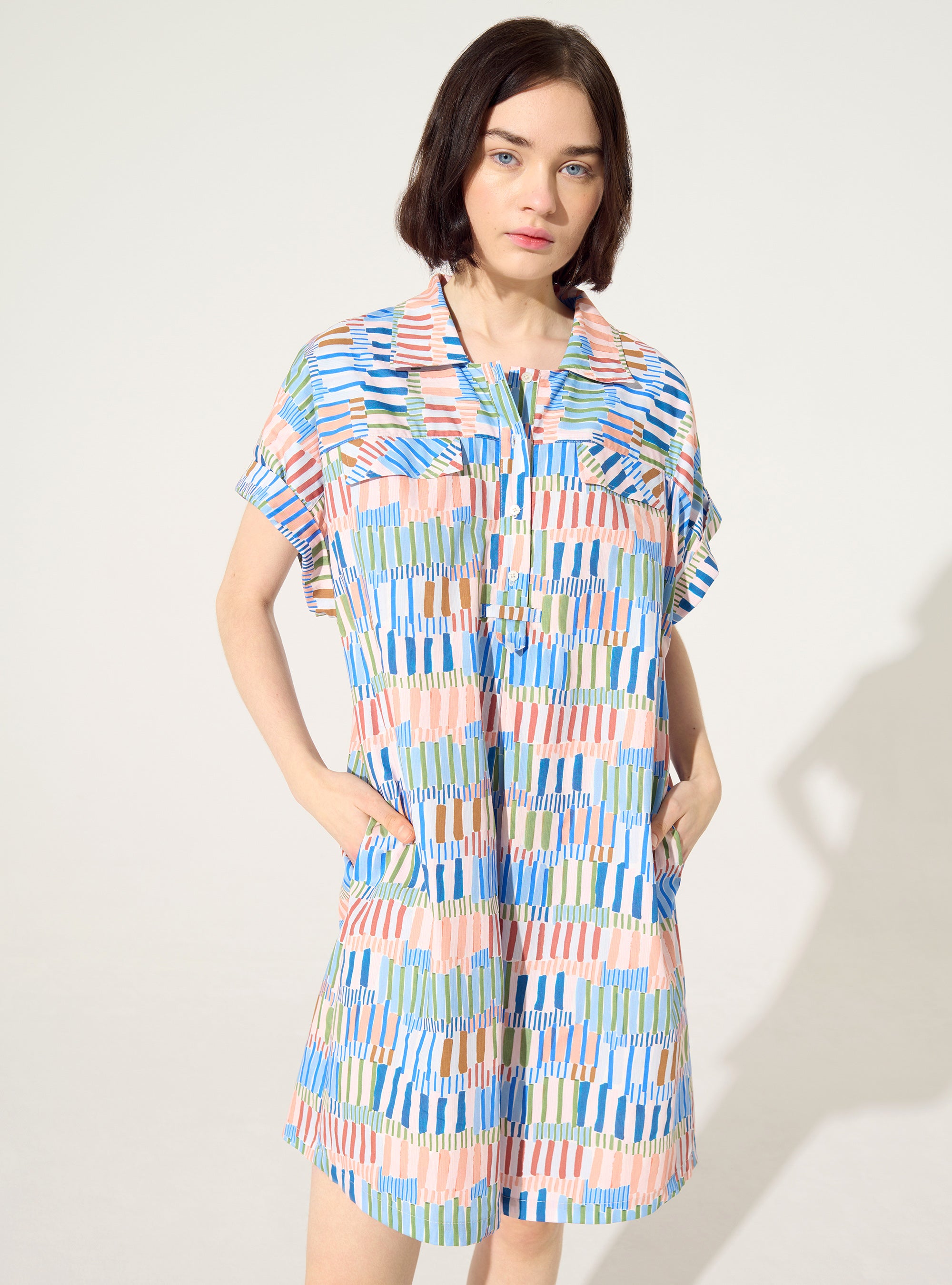 Loose-fitting printed blue cotton dress
