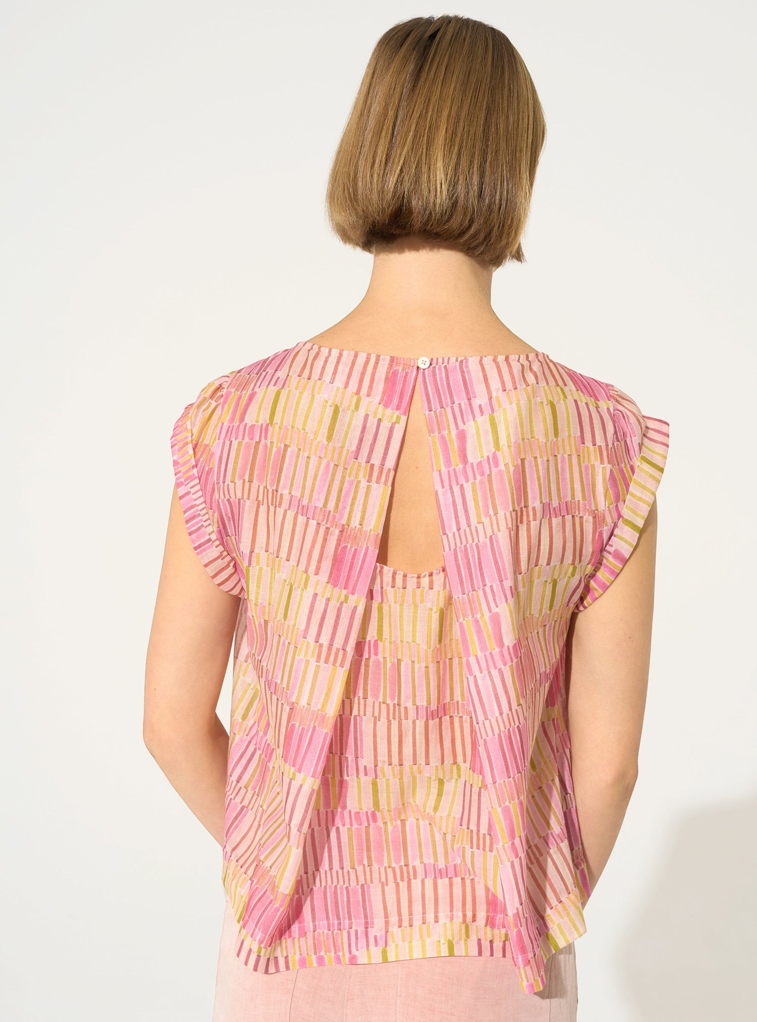 Loose-fitting printed blouse in pink cotton and silk