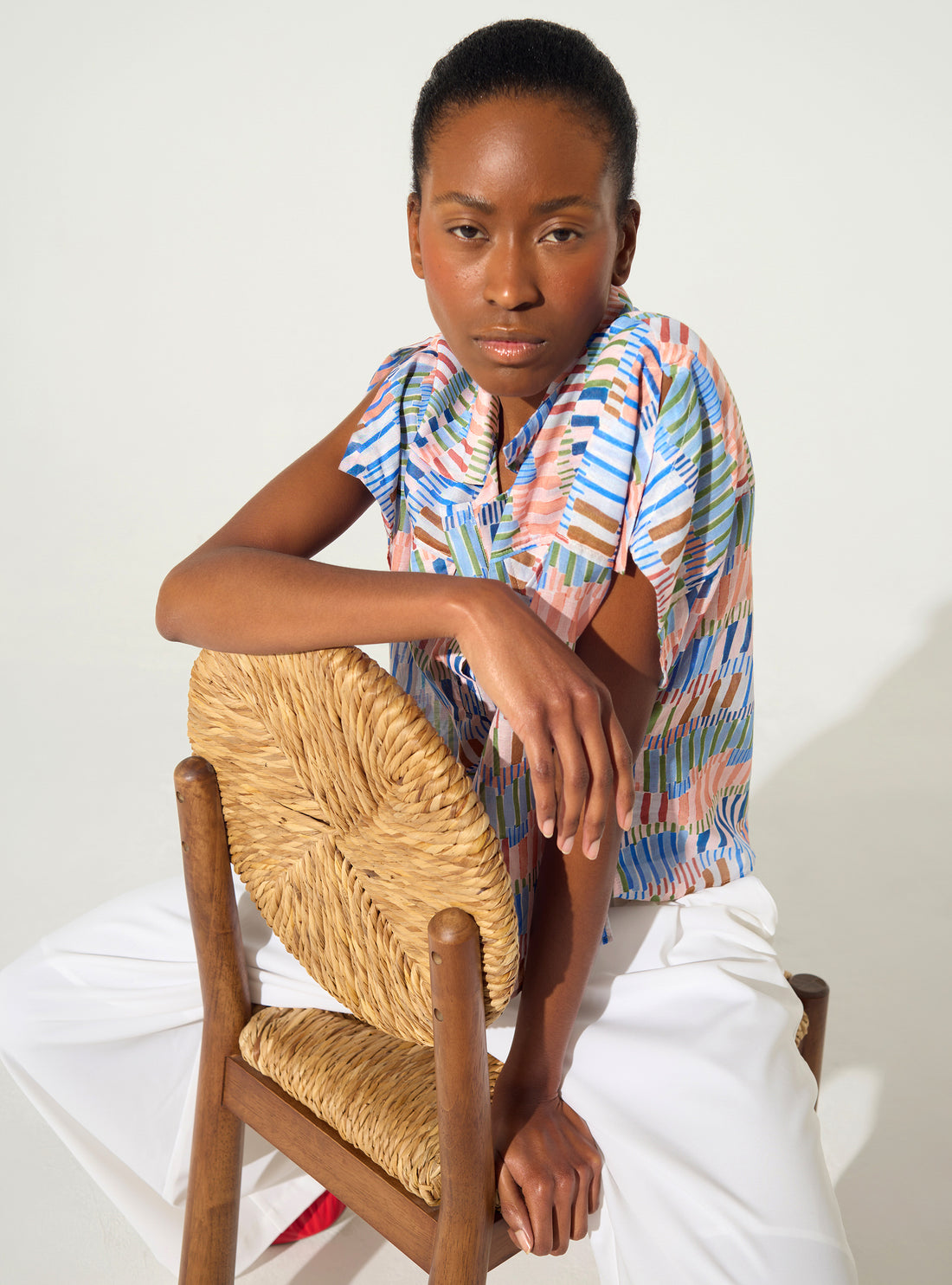 Blouse ample imprimée en coton et soie bleu