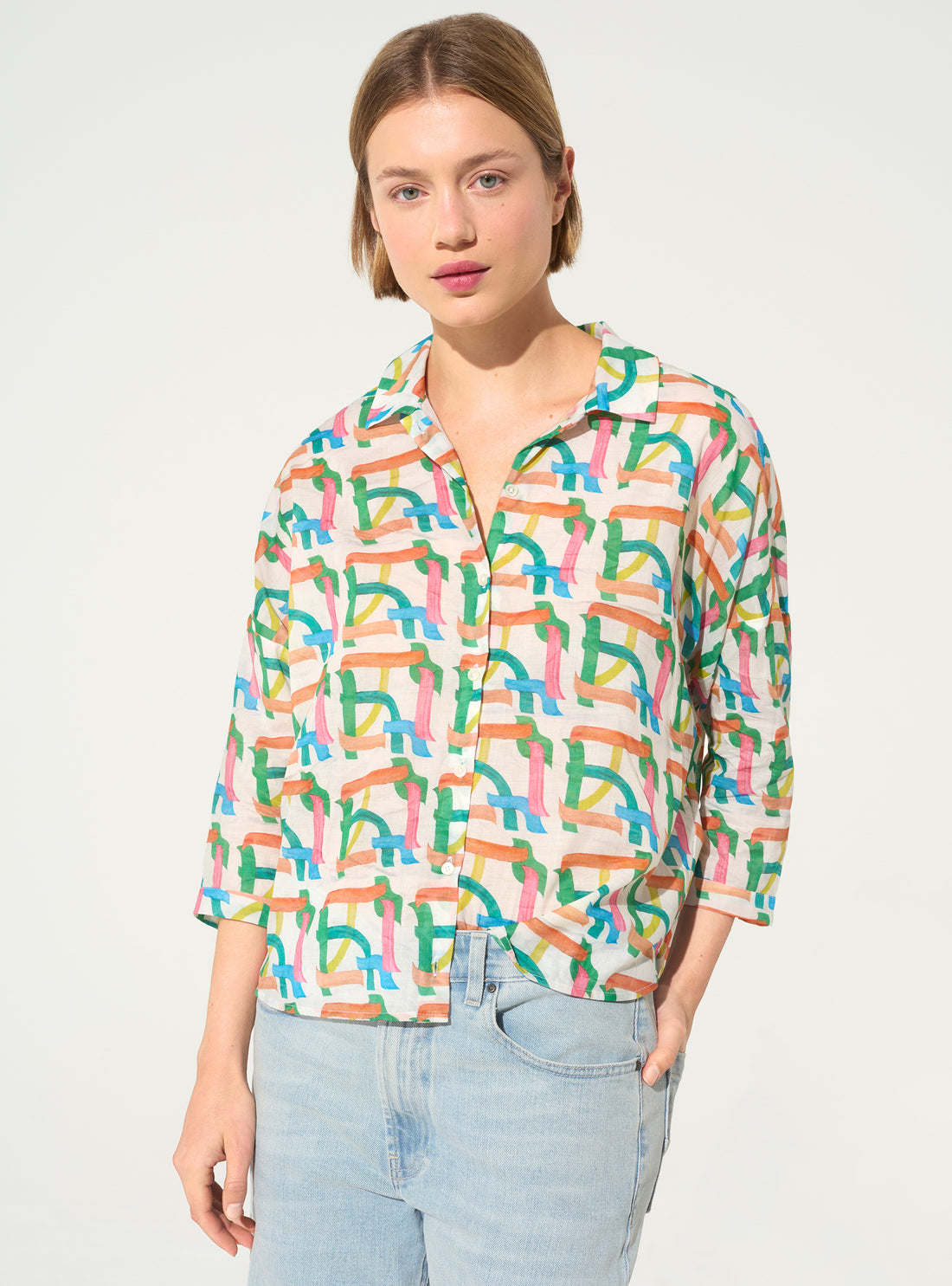 White cotton oversized shirt with house print