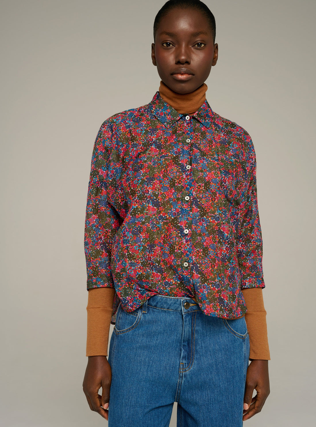 Cotélac acoté chemise manches longues imprimée en voile de coton et soie