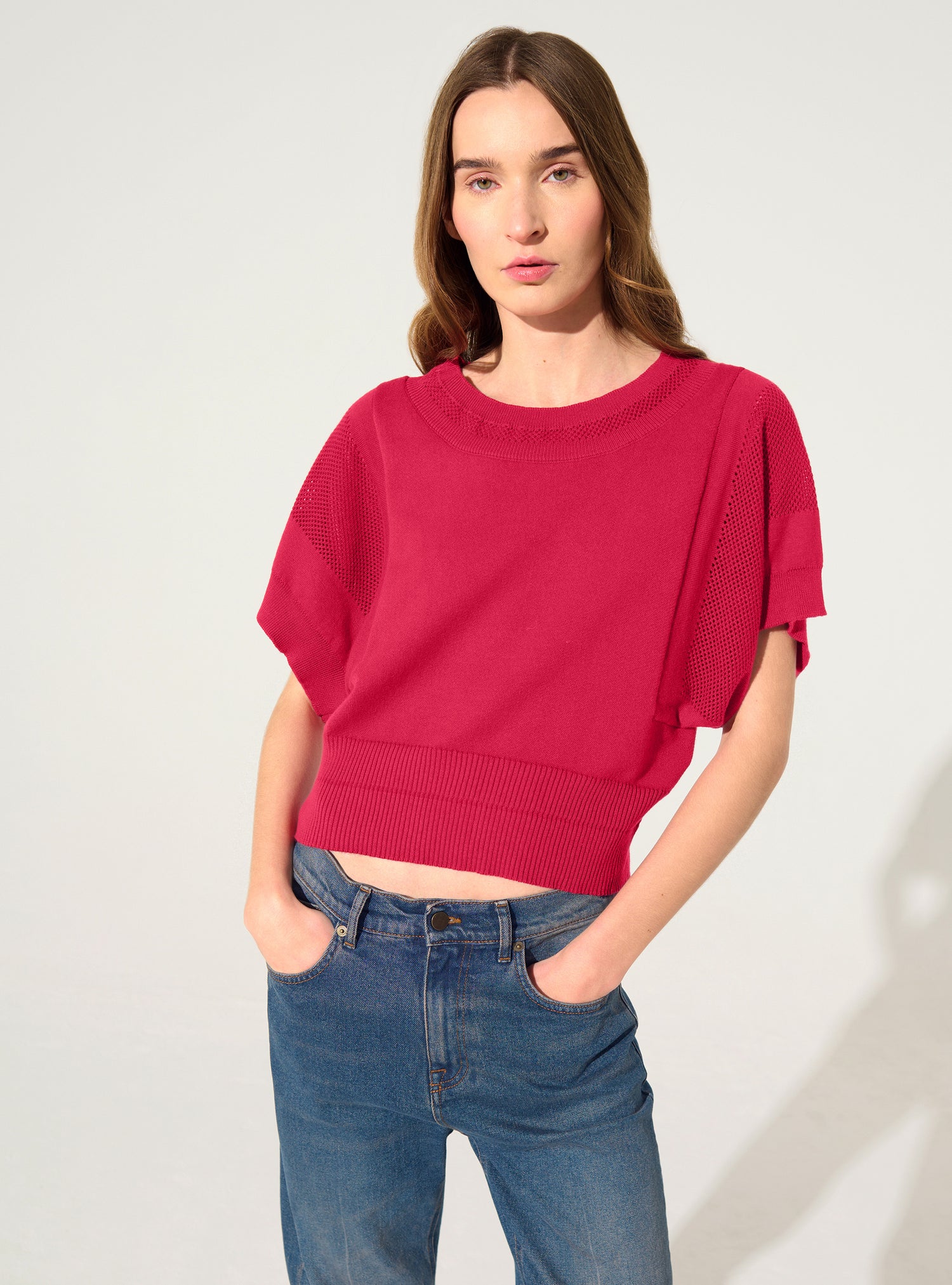 Red short-sleeved cotton and cashmere sweater
