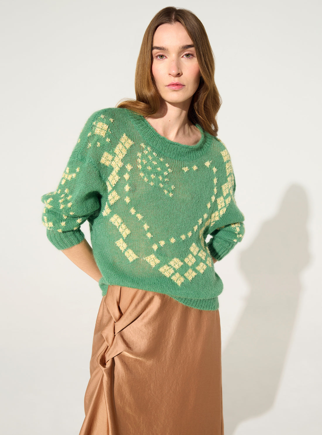 Green wool and mohair printed sweater