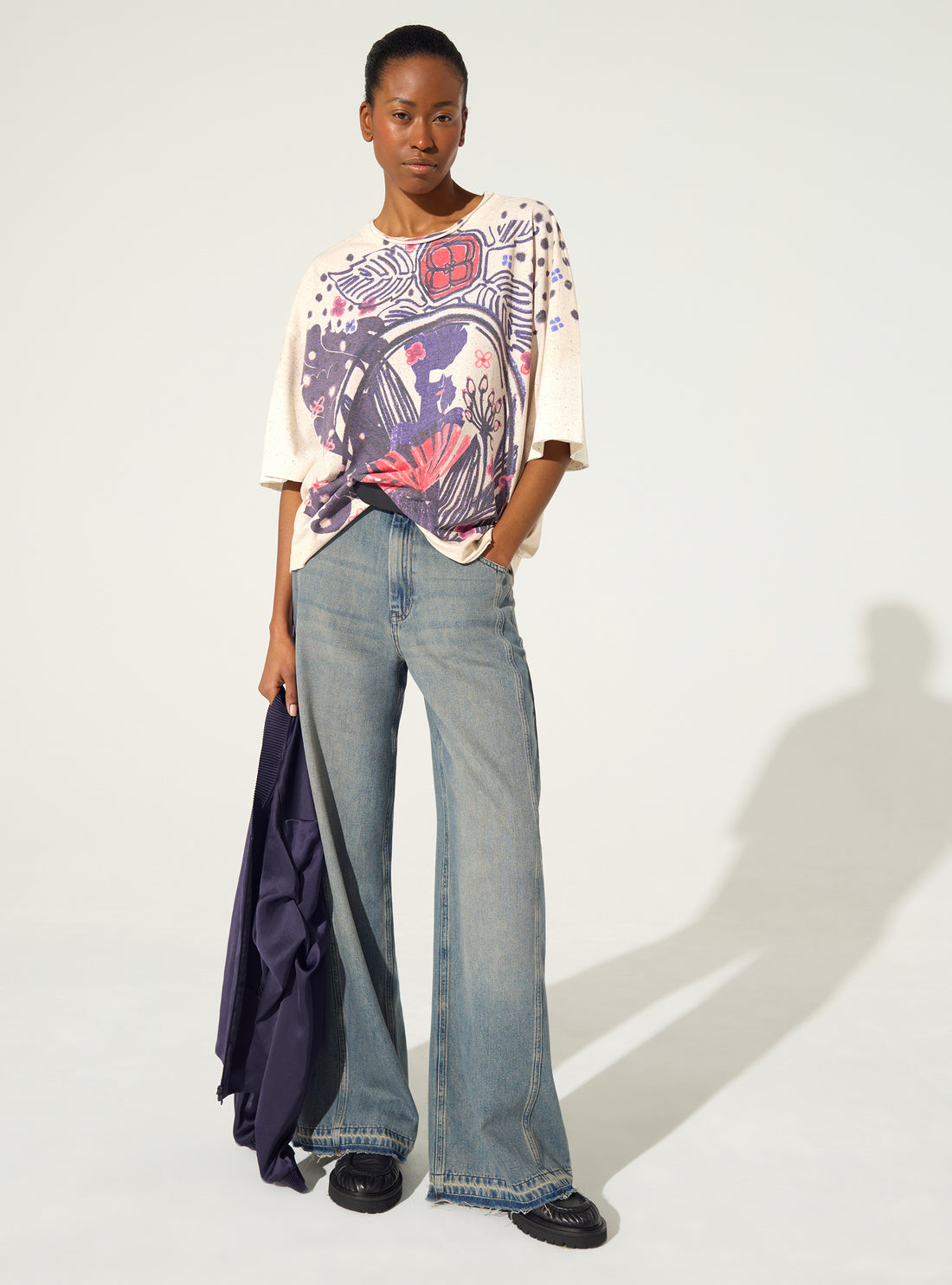 Purple pleated and sublimated T-shirt