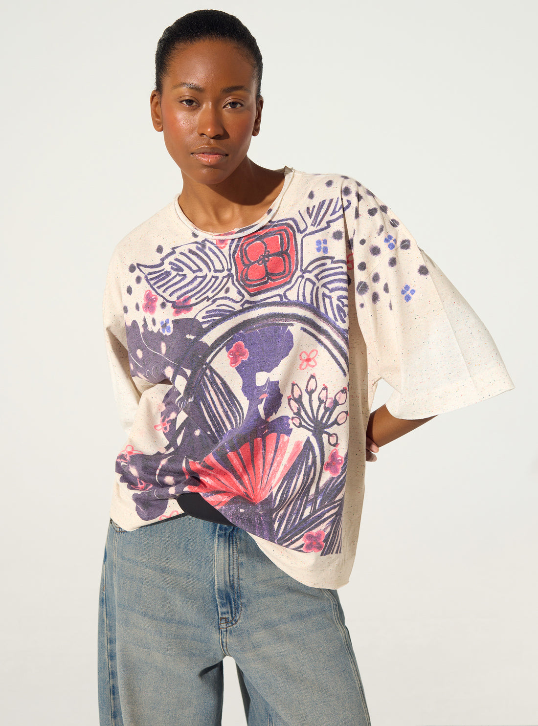 Purple pleated and sublimated T-shirt