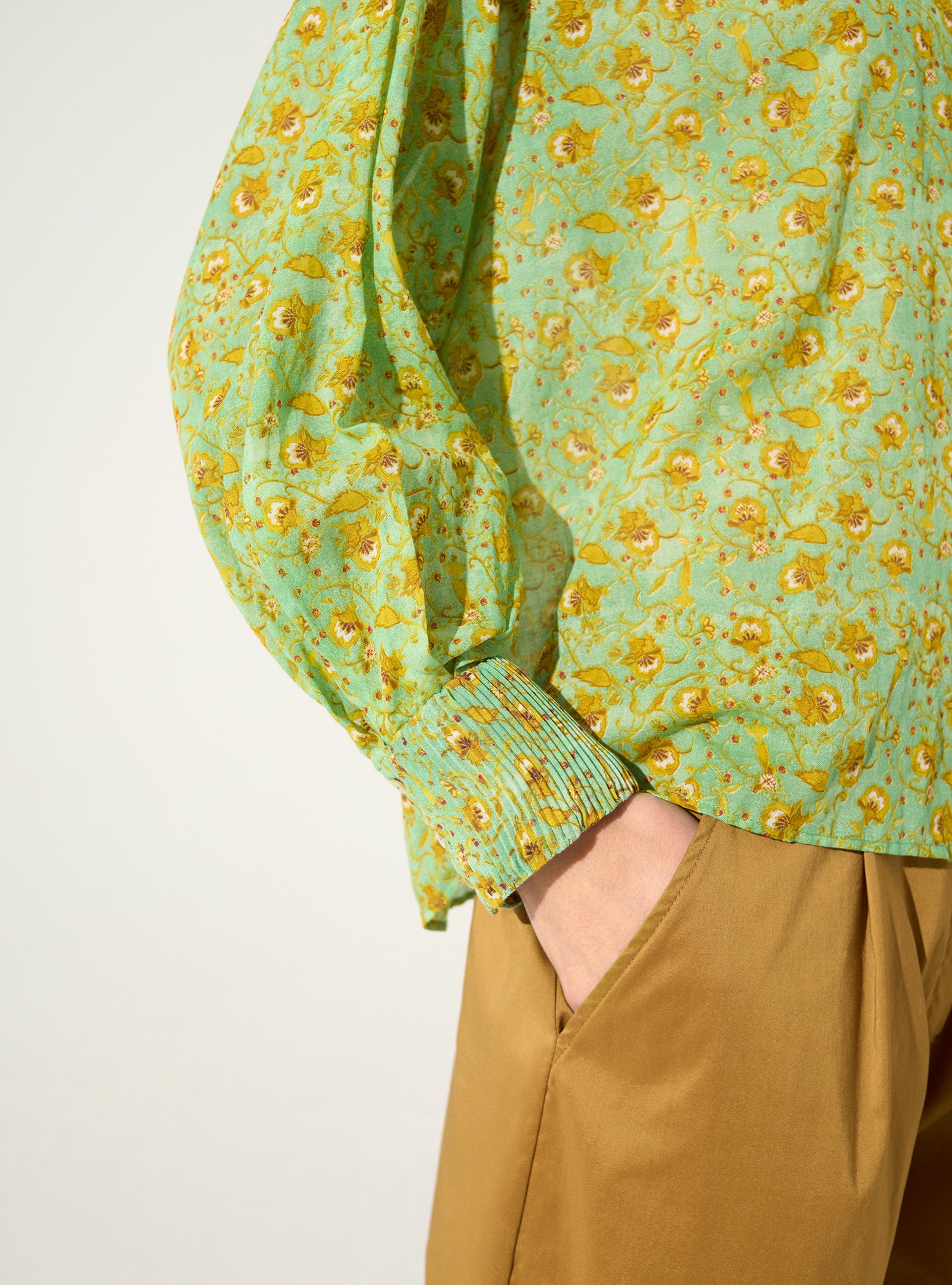 Green printed, pleated, oversized cotton shirt