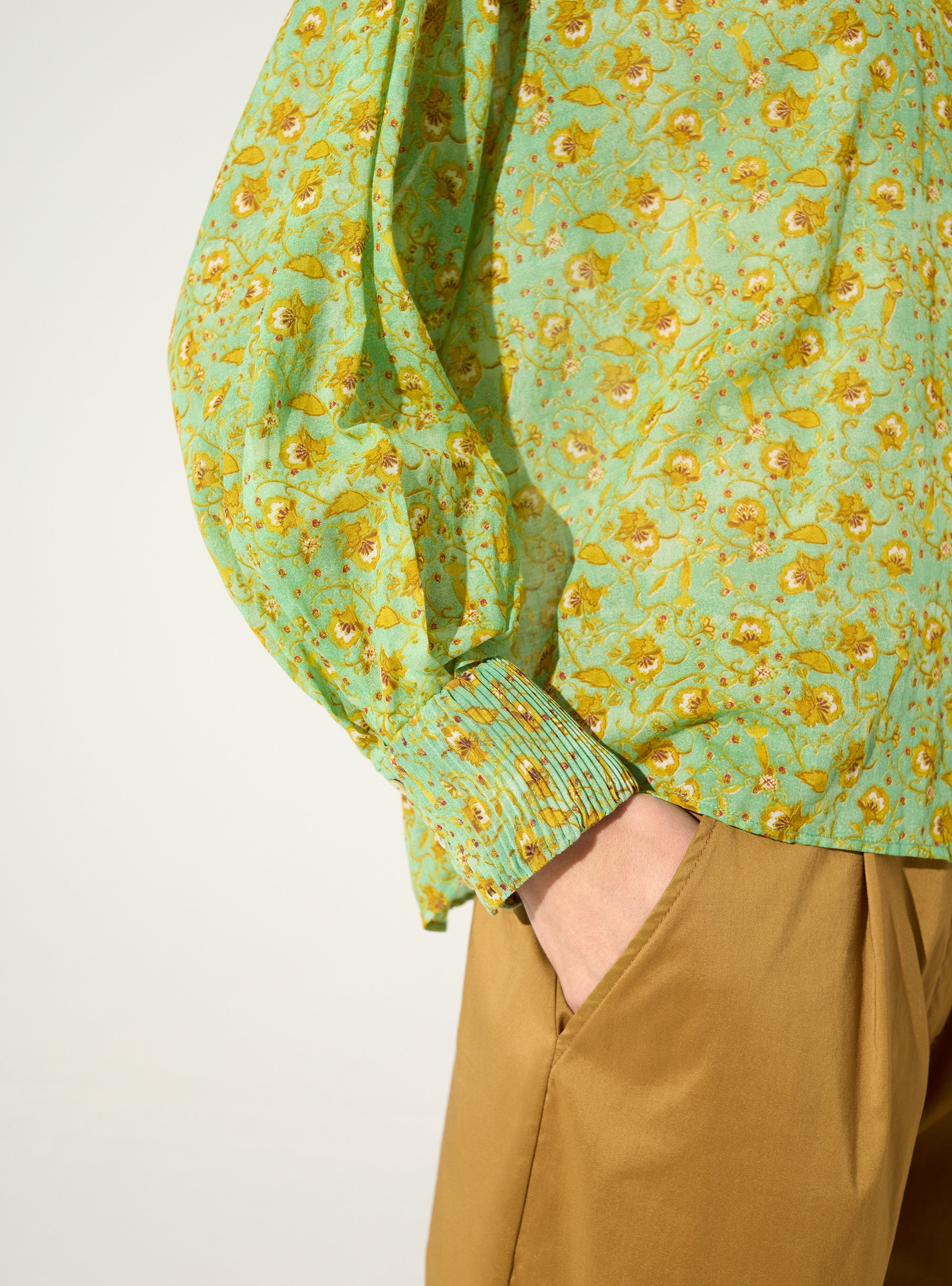 Green printed, pleated, oversized cotton shirt
