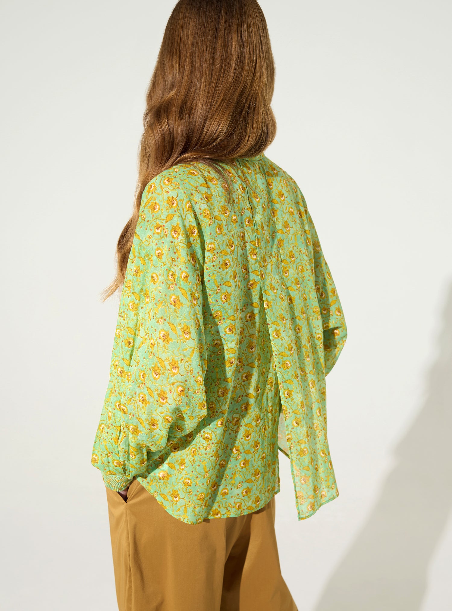 Green printed, pleated, oversized cotton shirt