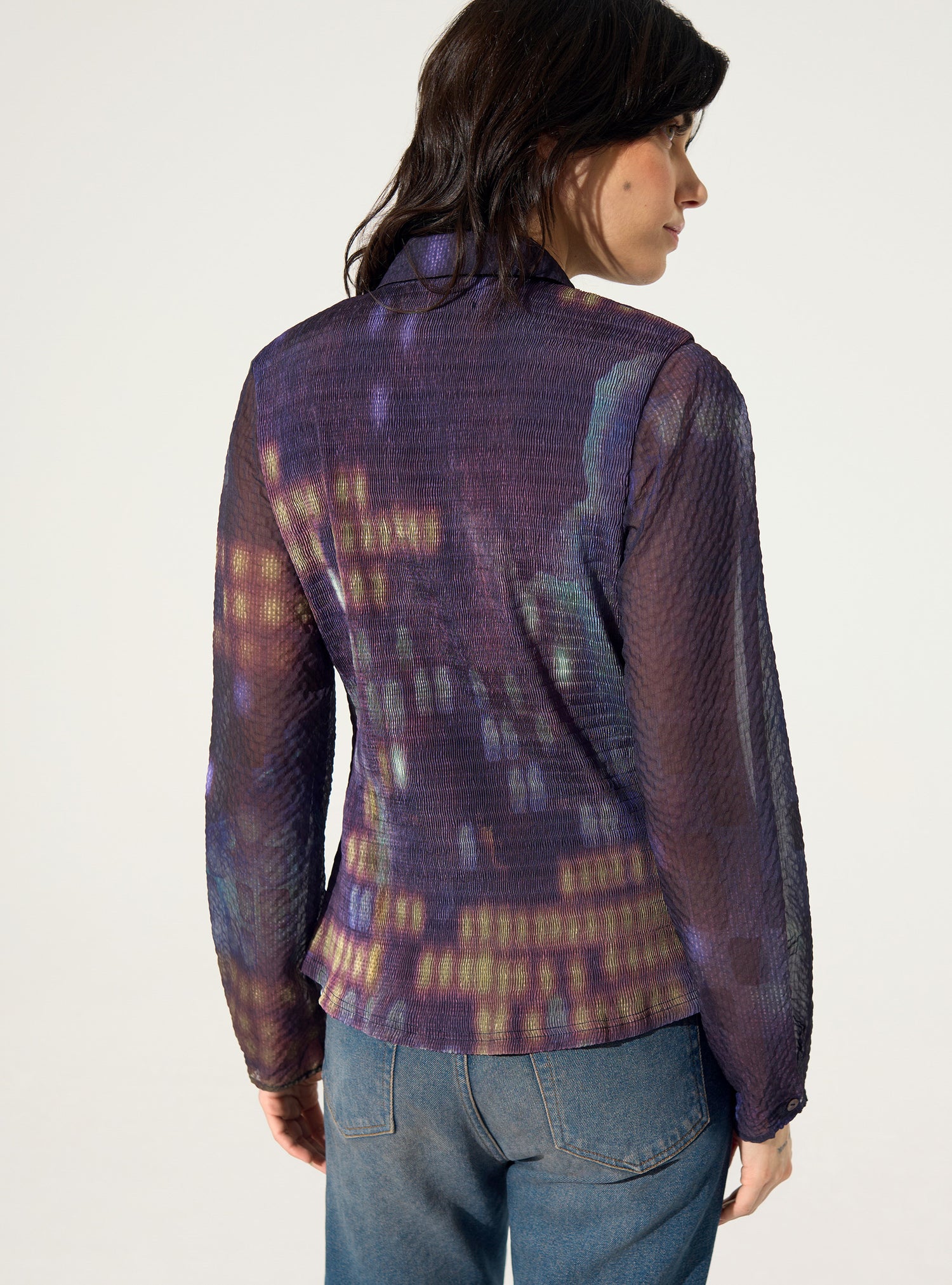 Chemise ajustée plissée imprimé maison violette