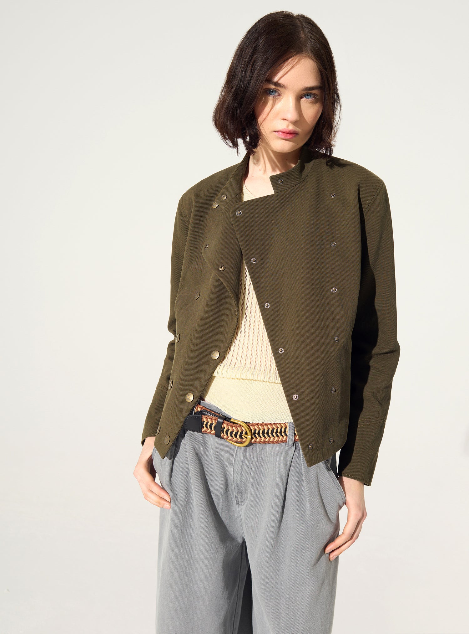 Fitted officer-style jacket in green cotton and linen
