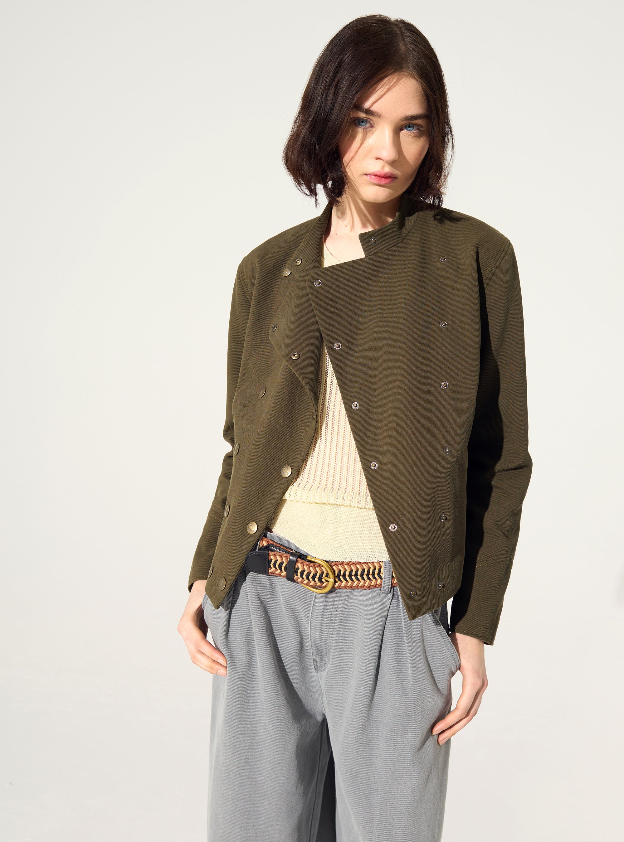 Fitted officer-style jacket in green cotton and linen