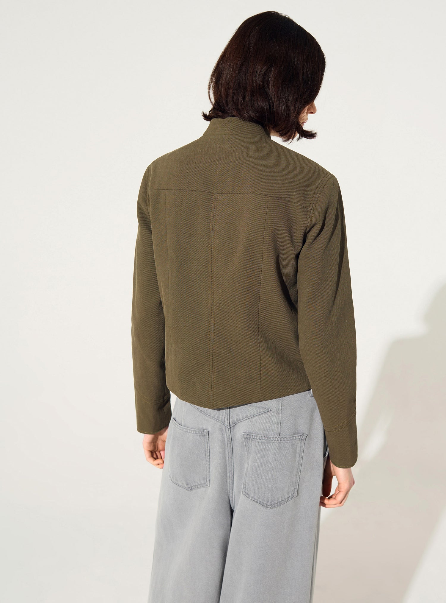 Fitted officer-style jacket in green cotton and linen