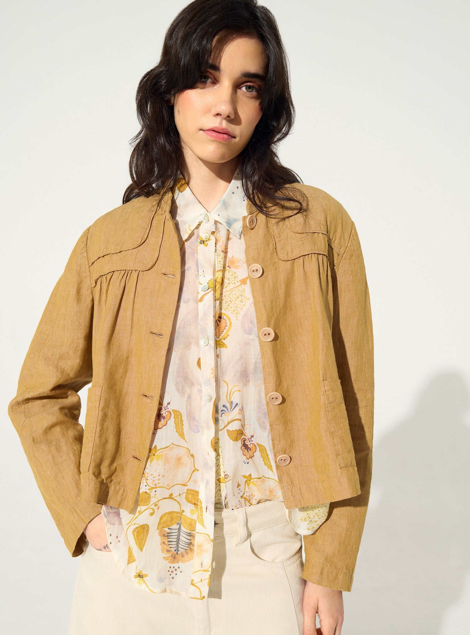 Veste ample en lin et coton marron