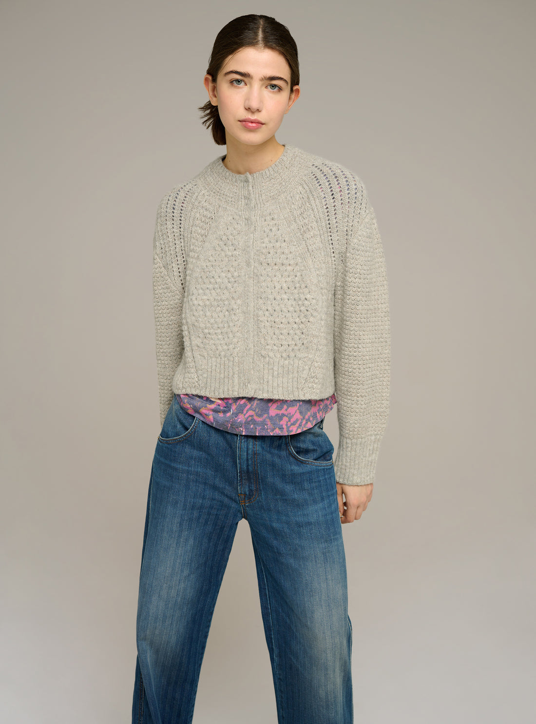 Cardigan col rond ajusté manches longues en maille ajourée