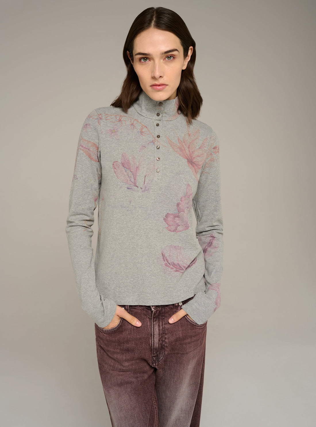 Cotélac tee-shirt ajusté col montant manches longues imprimé