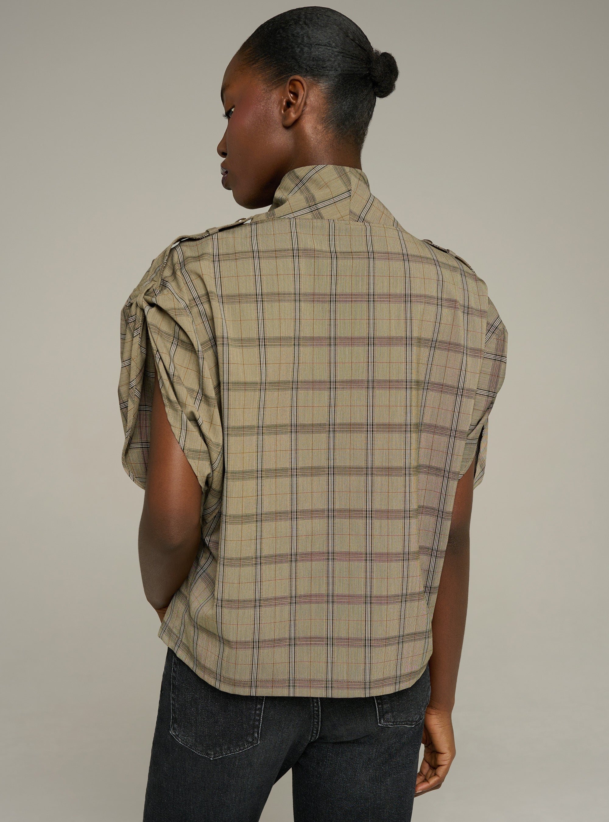 Cotélac blouse oversize col bénitier manches courtes à carreaux