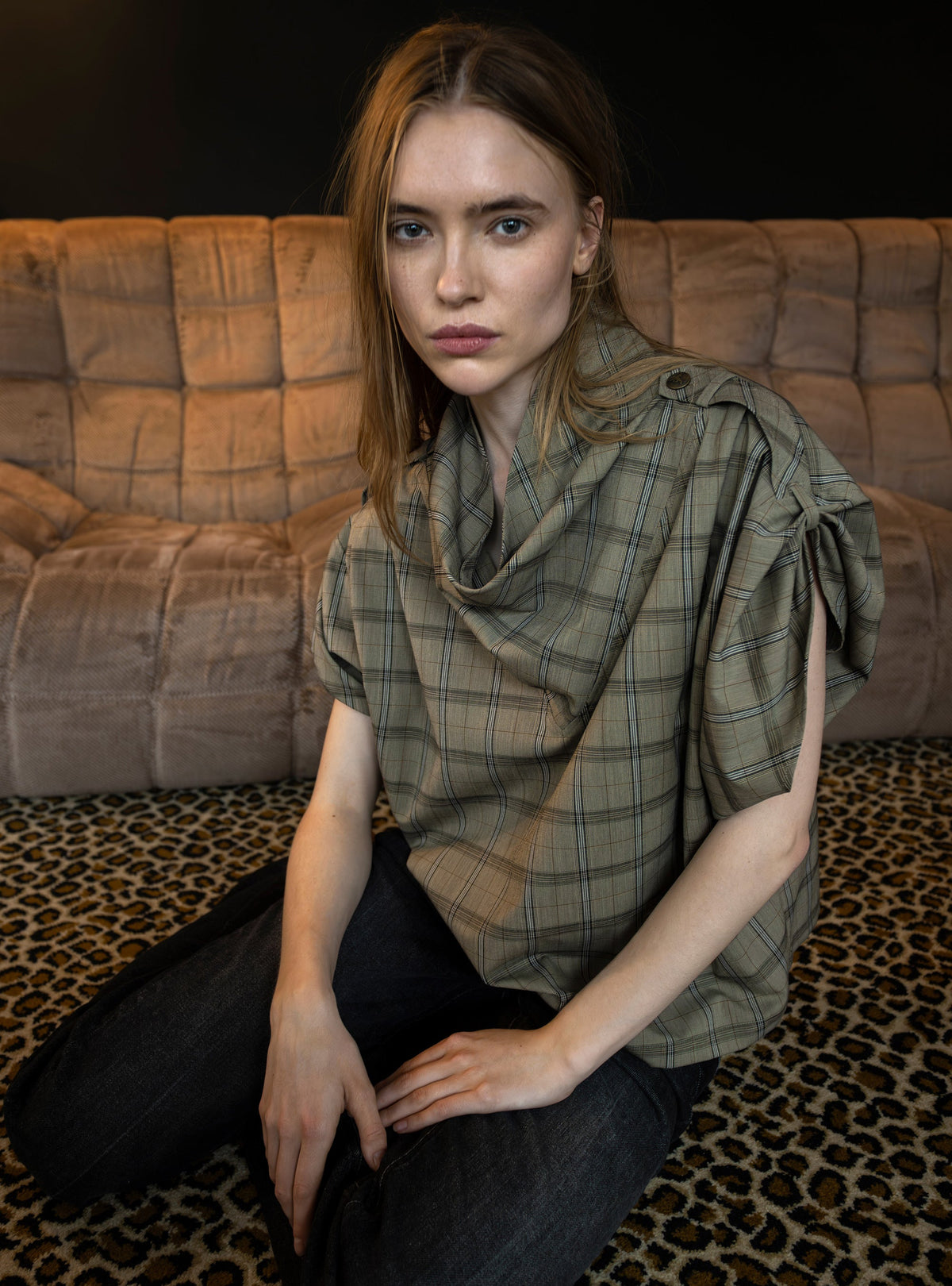 Blouse oversize col bénitier manches courtes à carreaux Cotélac 